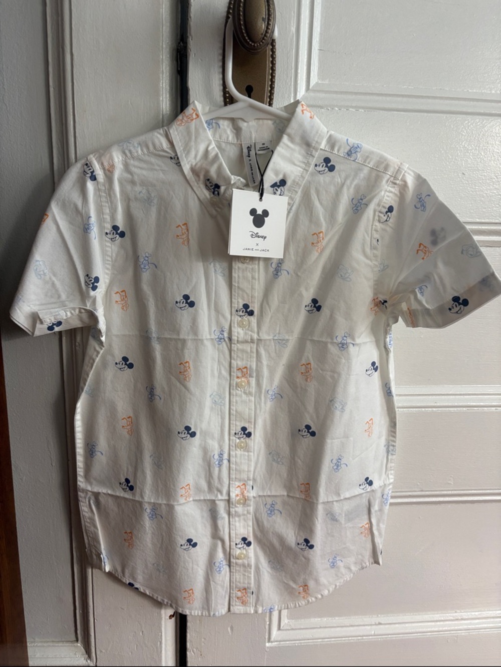 Disney White Short-Sleeve Button-Up Shirt with Blue and Orange Mickey Prints